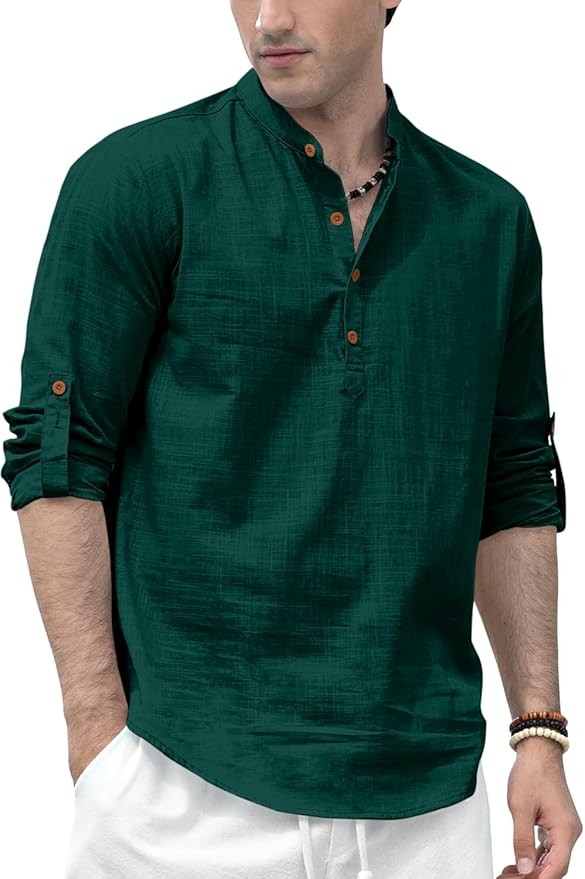 Men's Solid Cotton Blend Straight Kurta Shirt, Regular Fit Full Sleeve Short Kurta Shirt
