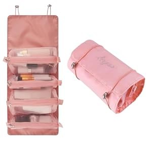 Detachable Travel Makeup Bag Organizer - Waterproof Hanging Roll Up Cosmetic Bag with 4 Removable Mesh Pouches for Toiletries, Brushes & Beauty Tools for Women (Pink)