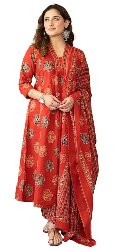 Women's Pure Cotton Intricate Block Printed Ethnic Wear Kurta Set with Palazzo & Dupatta