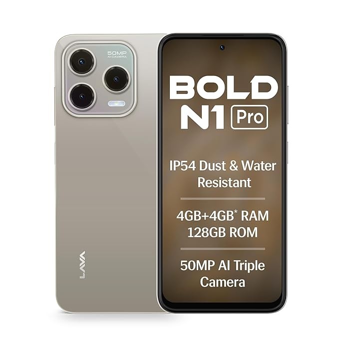 Lava Bold N1 Pro (Titanium Gold, 4 GB RAM, 128 GB Storage)| Bigger 6.67" HD+ IP54 Display | 120 Hz Refresh Rate | 50 MP AI Triple Rear Camera | 8 MP Front Camera| 5000 mAh Battery | Charger in Box