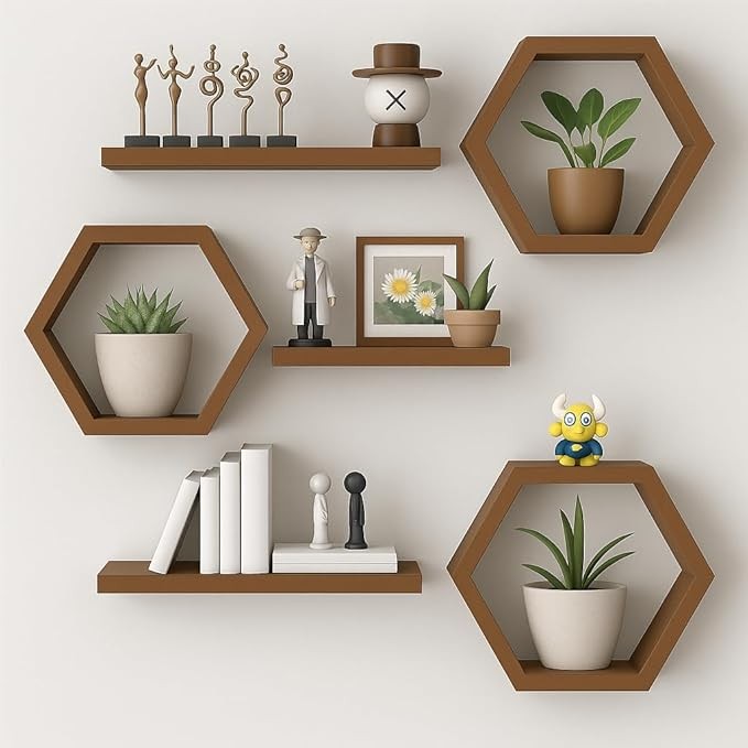 Sabri shopee Wooden Floating Wall Shelves for Living Room, Wall Mounted Set of 6 Hexagon Shelves for Photos Plants and Wall Decor Honeycomb Wall Shelves for Bedroom (Navy Blue) (Brown)