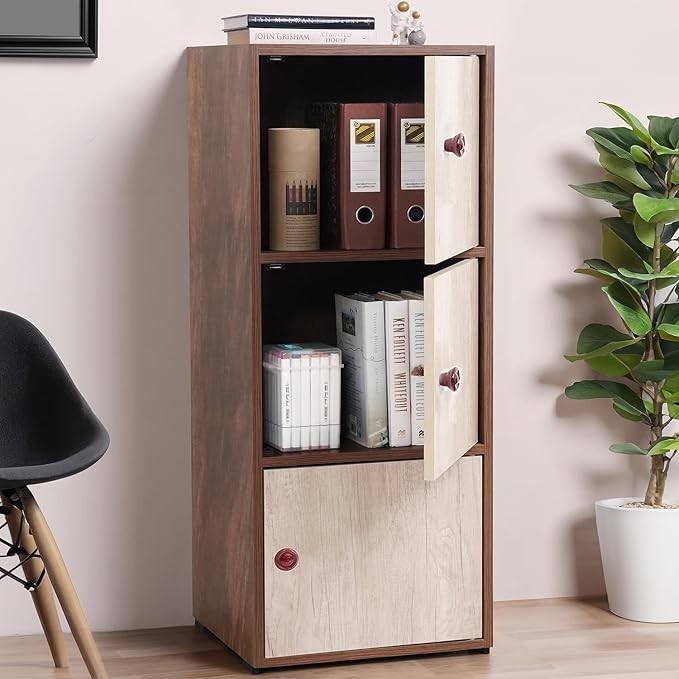 ABOUT SPACE Wooden Cabinet - 3 Tier Engineered Wood Storage Cabinet for Living Room with Magnetic Door, Space Saving Furniture for Home, Kitchen (Oak Red - L 38 x B 38.5 x H 100.5 cm)
