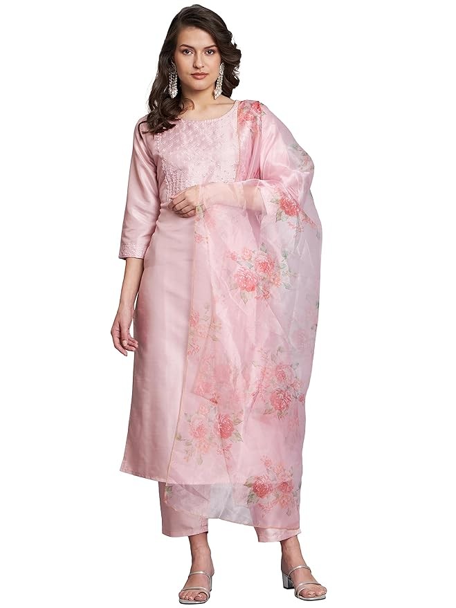 Women's Silk Blend Embroidered Straight Kurta Pant Set with Organza Dupatta