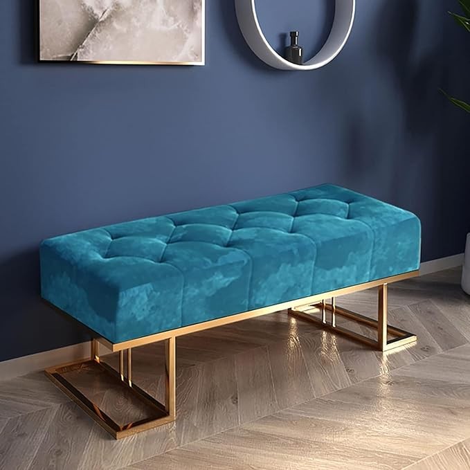 ObalTure Metal Entryway Bench For Bedroom Modern Ottoman End Of Bed Corduroy Padded Benches Decorative Home Furniture For Living Room Foyer Mudroom Hallway (Blue)