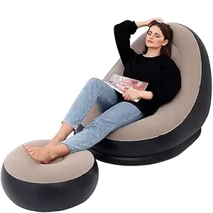 LivTee Inflatable Lounge Chair for Adults, Folding Portable Lazy Sofa with Foot Stool Indoor Livingroom Gaming Bedroom Office Balcony, Outdoor Travel Camping 2-in-1 with Air Pump (Black & Brown)
