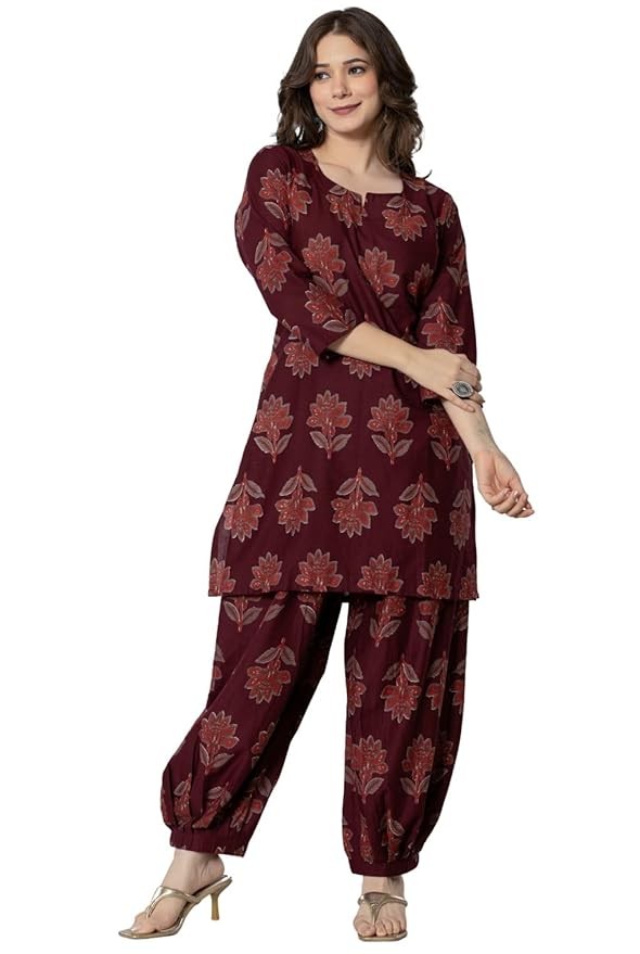 Women's Pure Cotton Printed Straight Kurta Set with Palazzo Pants - Ethnic Wear, Maroon