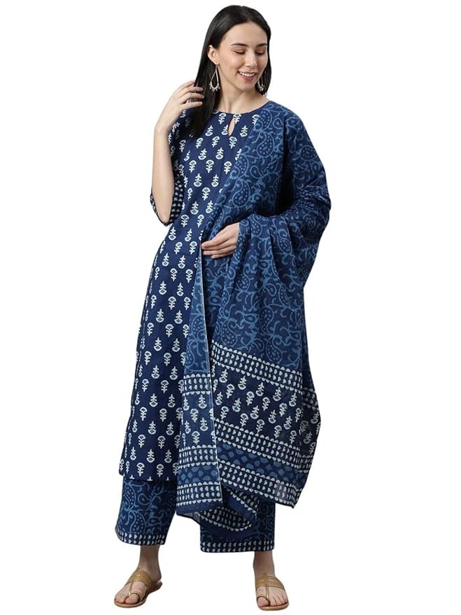 Women's Cotton Printed Straight Kurta with Palazzos and Dupatta Set