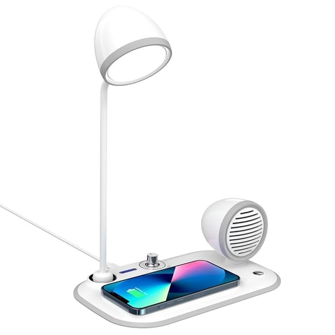 3 in 1 Desk Lamp with 15w Wireless Charger and Bluetooth Speaker & Mic for Calls | 360° Adjustable Lamp, 3 Color Lights, Brightness Control Button